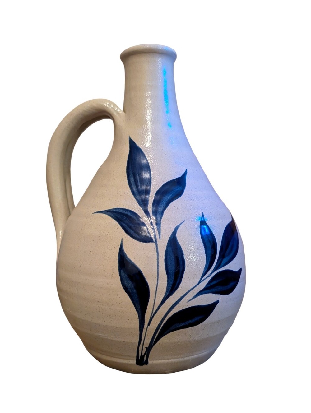 Vintage Williamsburg Pottery Salt Glaze Stoneware Ceramic Jug Ewer Blue Leaf